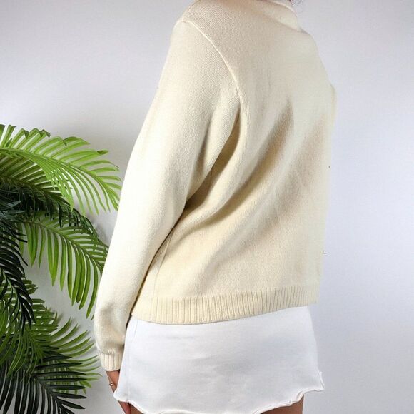 Vintage 90s Cream Floral Cottagecore Wool Knit Grandma Sweater Cardigan / Large - Picture 2 of 5